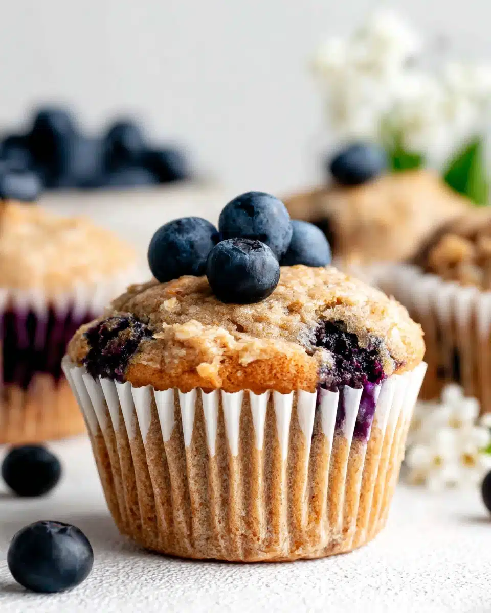 Mini blueberry banana muffin in a white liner with fresh blueberries on top