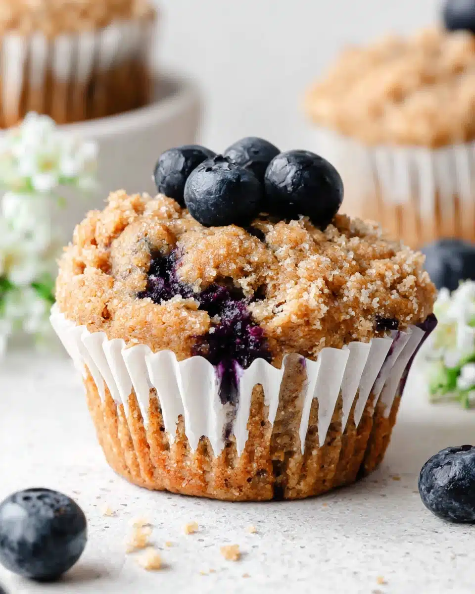 Mini blueberry banana muffin with fresh blueberries on top, in a white liner