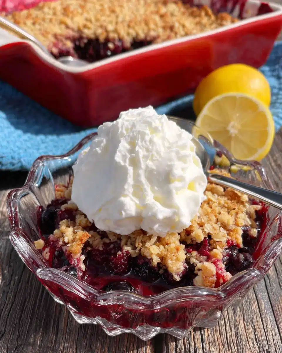 Mini blueberry crisp in a glass dish with whipped cream topping