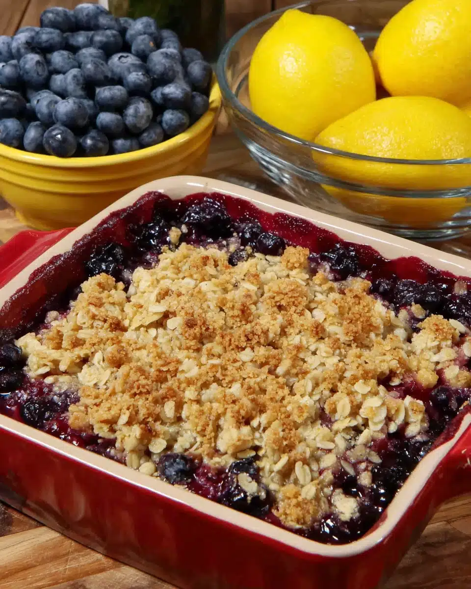 Mini blueberry crisp in a red dish with fresh blueberries and lemons nearby