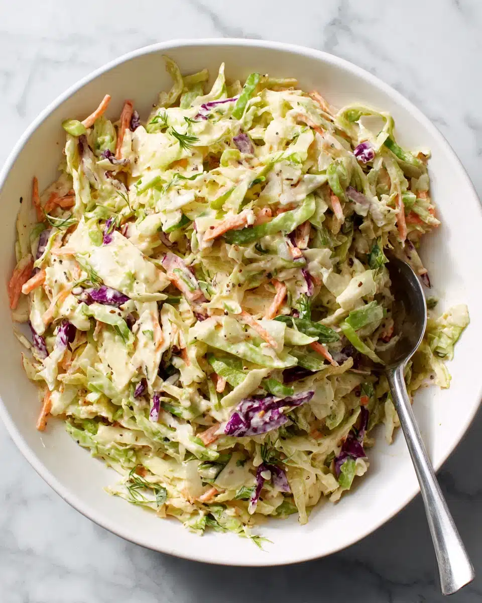 Creamy coleslaw with green and purple cabbage, carrots, and green onions in a white bowl