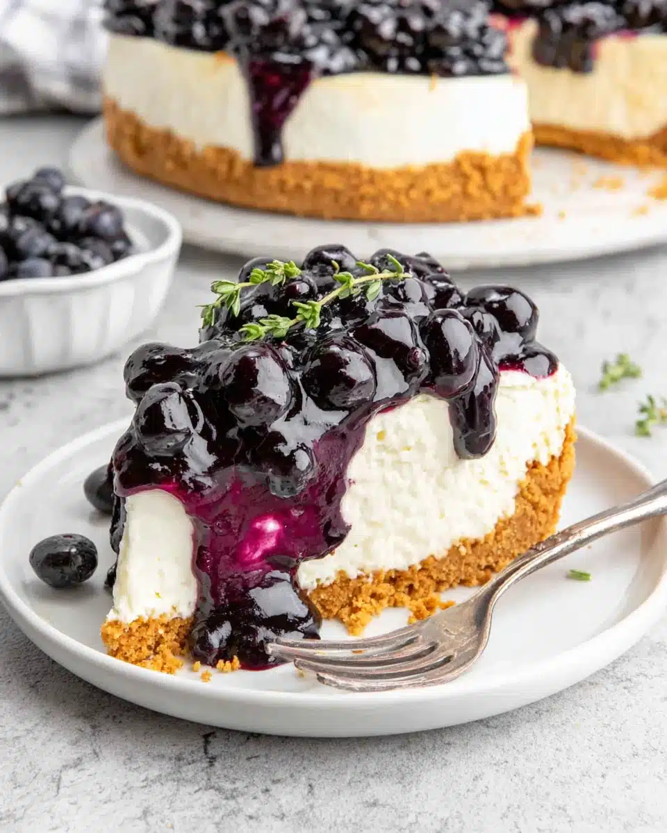 No Bake Blueberry Cheesecake Slice with Creamy Filling A slice of no bake blueberry cheesecake with graham cracker crust and glossy blueberry topping