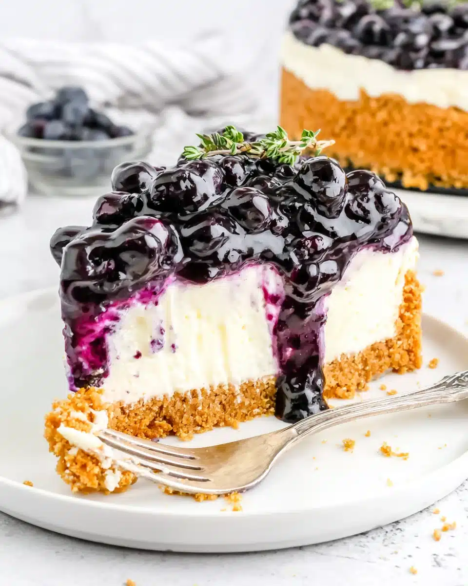 No Bake Blueberry Cheesecake Slice with Creamy Filling No bake blueberry cheesecake slice with graham cracker crust and glossy blueberry topping