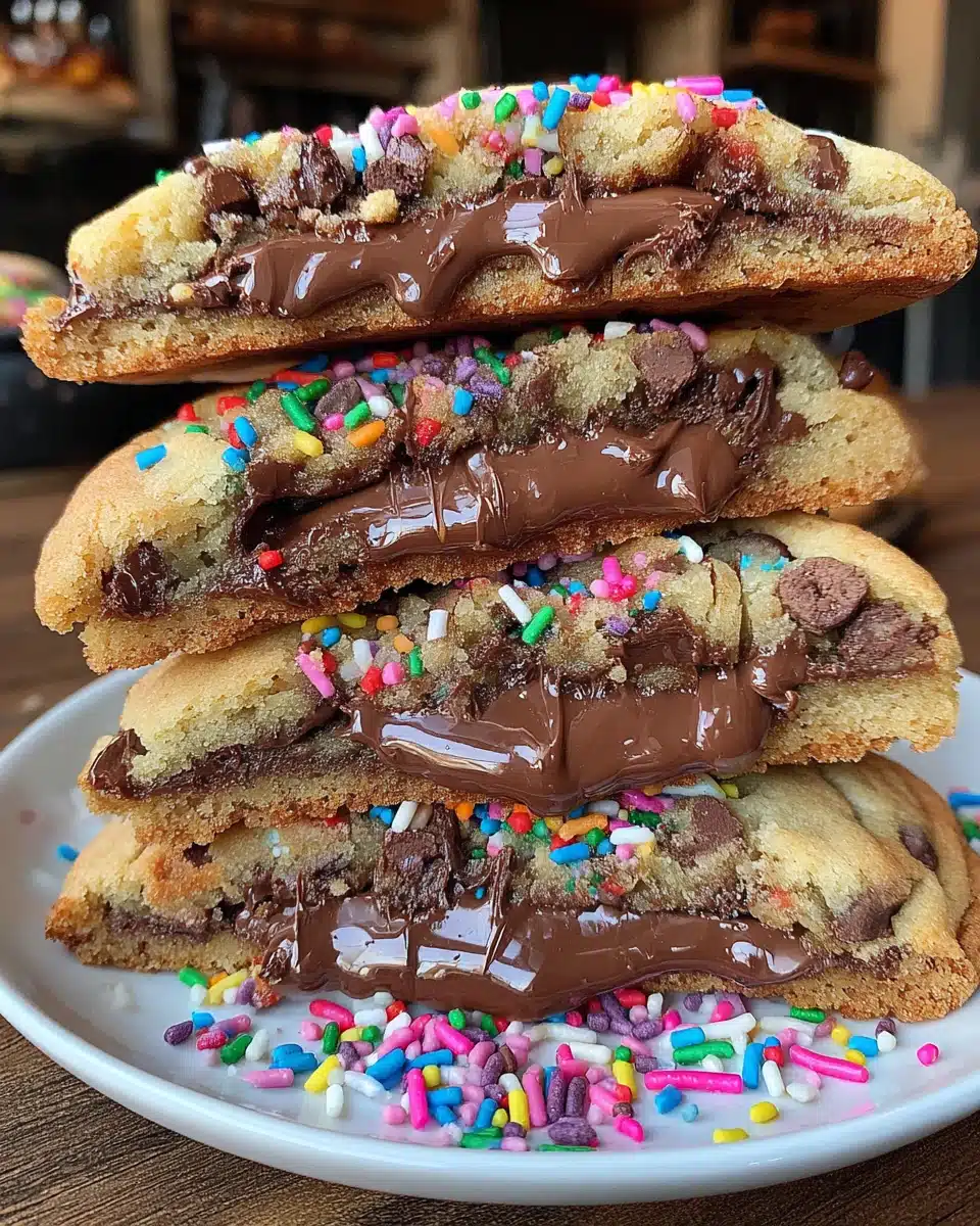 Nutella Stuffed Chocolate Chip Cookies Delicious nutella stuffed chocolate chip cookies with colorful sprinkles.