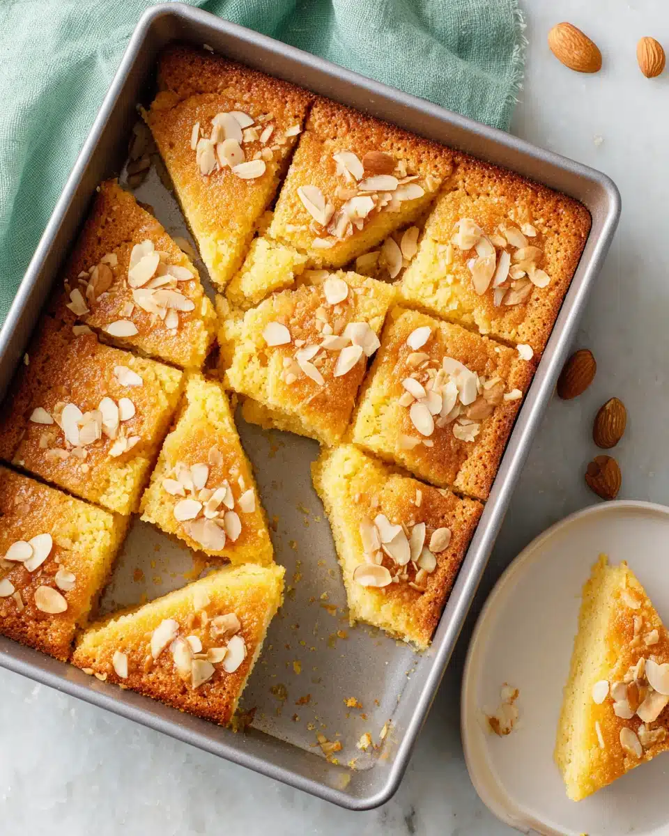 Nutty golden cake with crunchy topping in a baking pan, topped with almonds