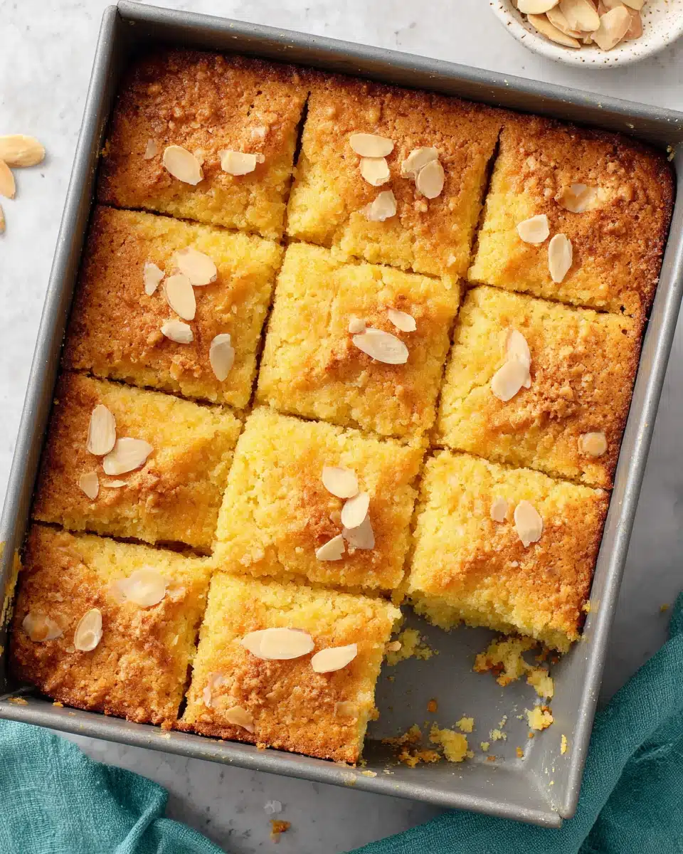 Nutty golden cake with crunchy topping in a baking pan, topped with almonds