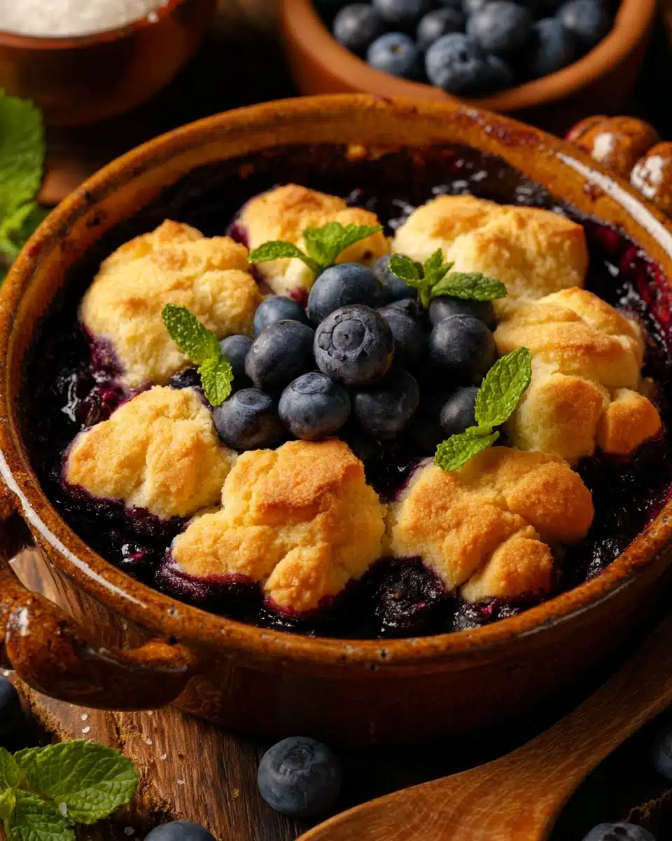 Old fashioned blueberry cobbler in a ceramic dish with fresh mint and blueberries