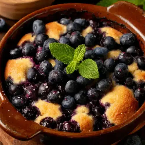 Old fashioned blueberry cobbler in a ceramic dish with fresh mint and blueberries