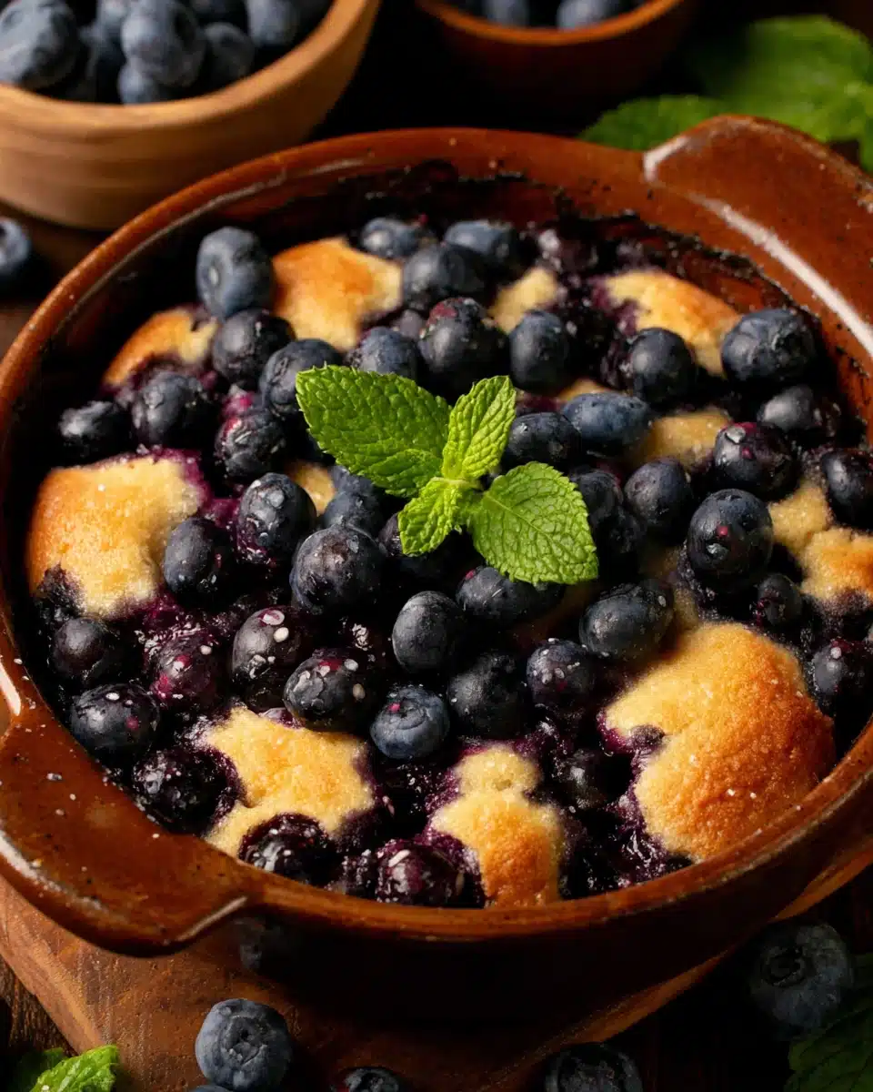 Old fashioned blueberry cobbler in a ceramic dish with fresh mint and blueberries