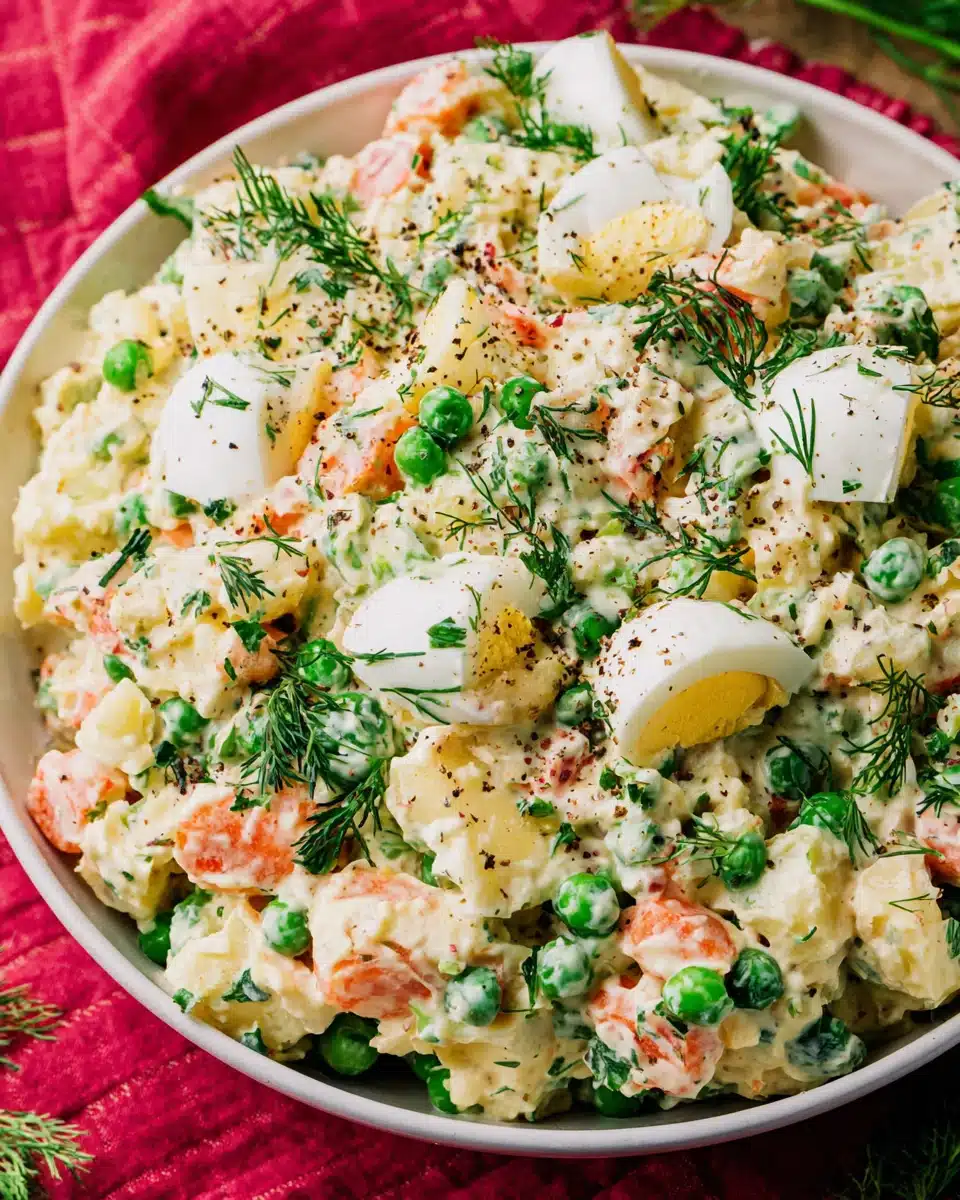Olivier Russian potato salad with potatoes, peas, eggs, and dill in a white bowl