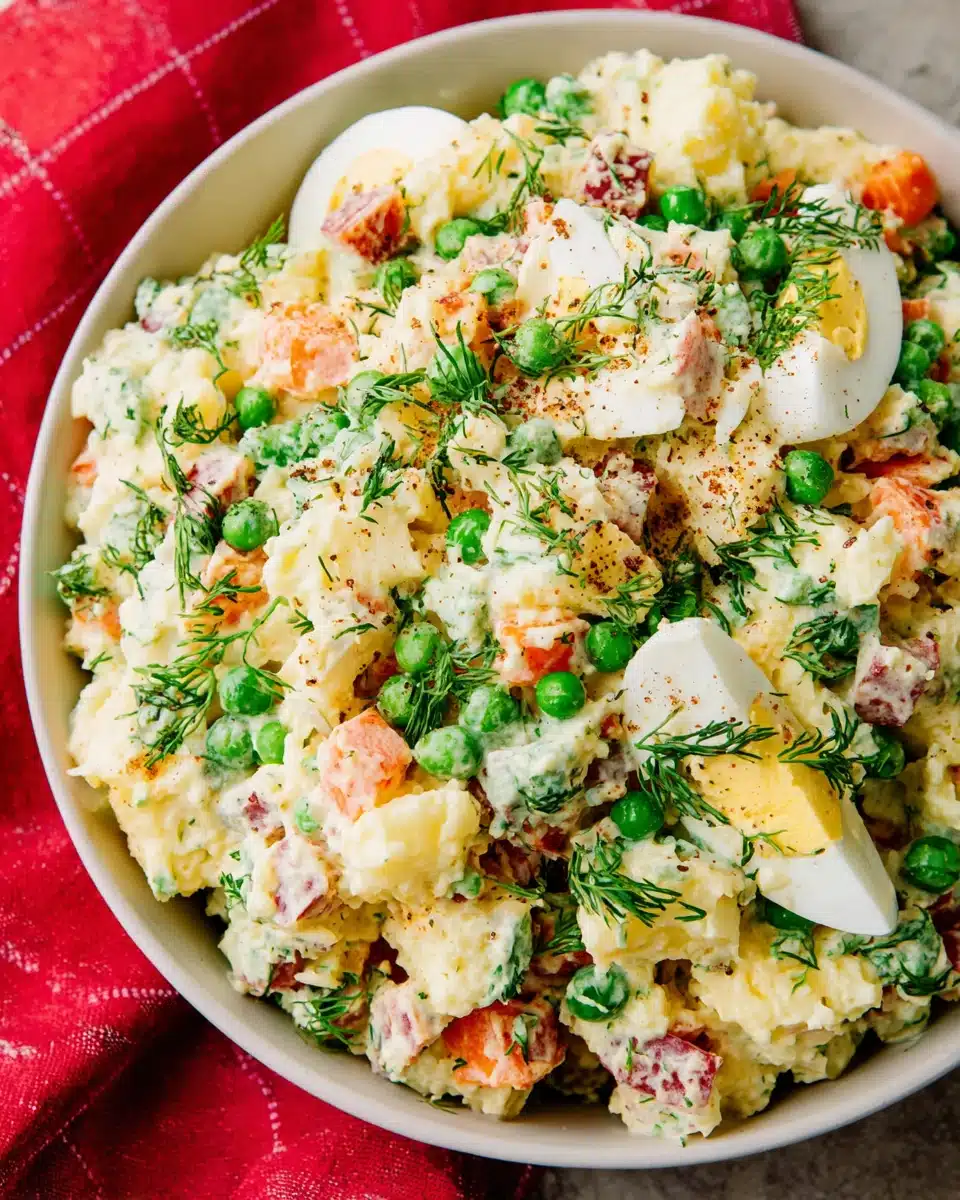 Olivier Russian potato salad with potatoes, peas, eggs, and dill in a white bowl