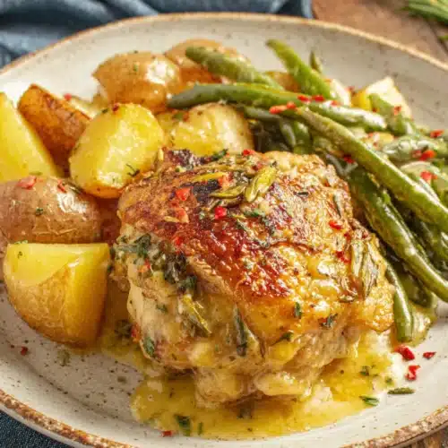 One Pan Garlic Parmesan Chicken: A Delicious Family Favorite 1 One pan garlic parmesan chicken with roasted potatoes and green beans on a plate