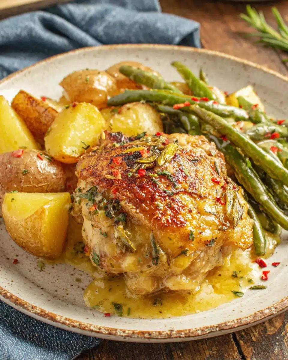 One Pan Garlic Parmesan Chicken with Veggies One pan garlic parmesan chicken with roasted potatoes and green beans on a plate