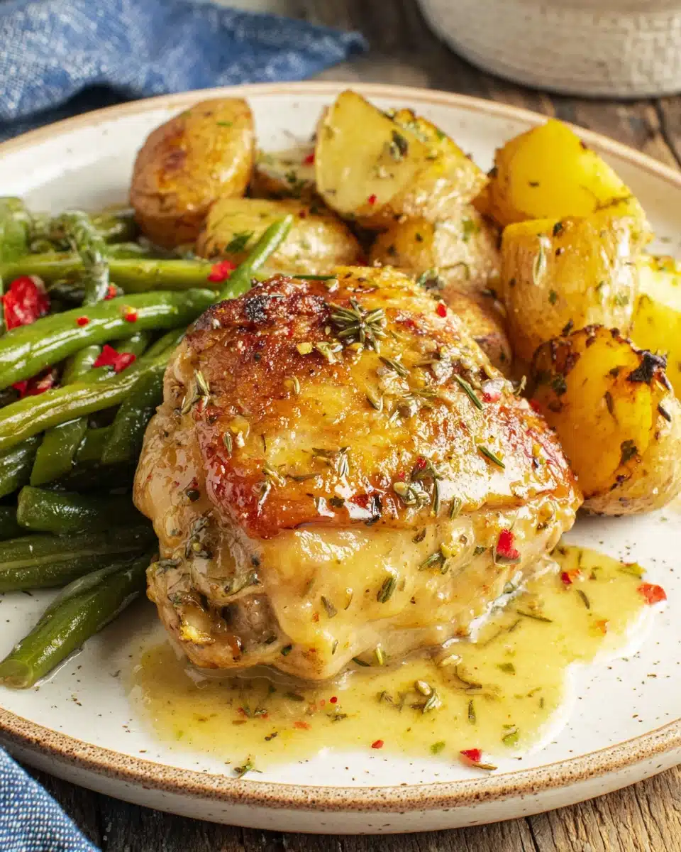 One Pan Garlic Parmesan Chicken with Veggies One pan garlic parmesan chicken with roasted potatoes and green beans on a plate