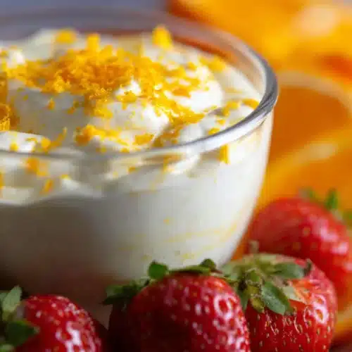 Orange creamsicle fruit dip in a glass bowl with strawberries and orange zest