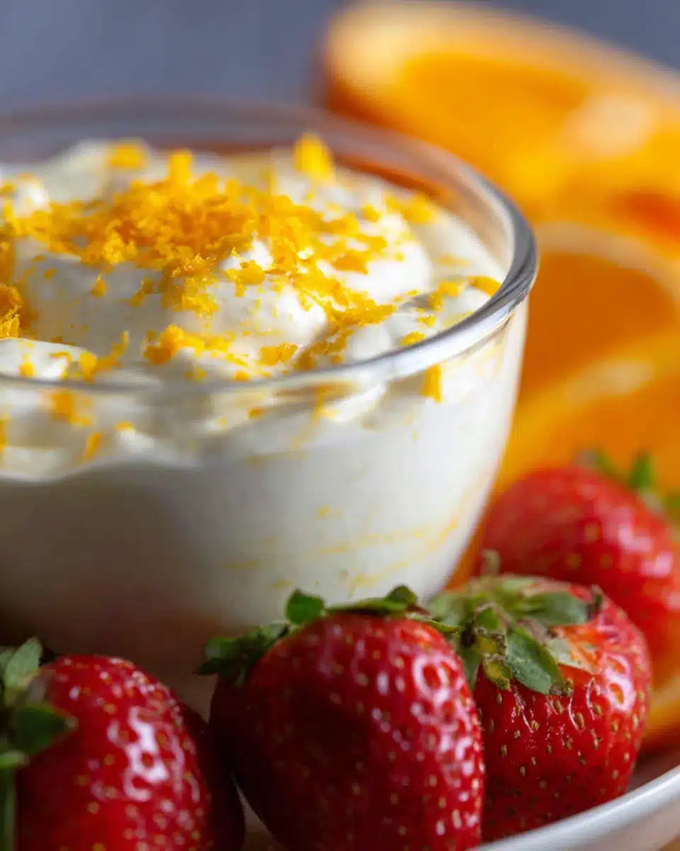 Orange creamsicle fruit dip in a glass bowl with strawberries and orange zest