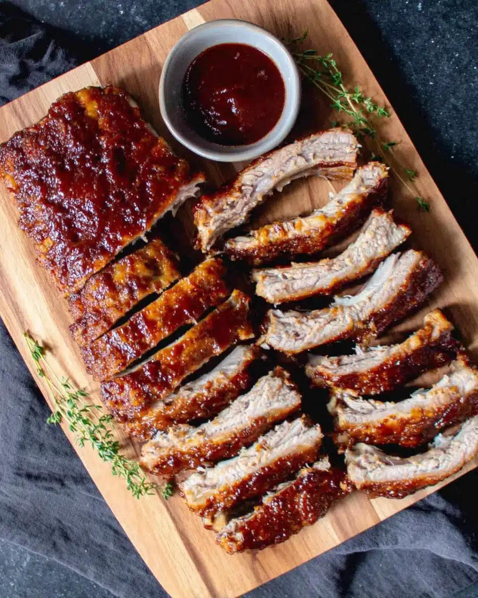 Oven baked ribs with homemade sauce, sliced on a wooden board