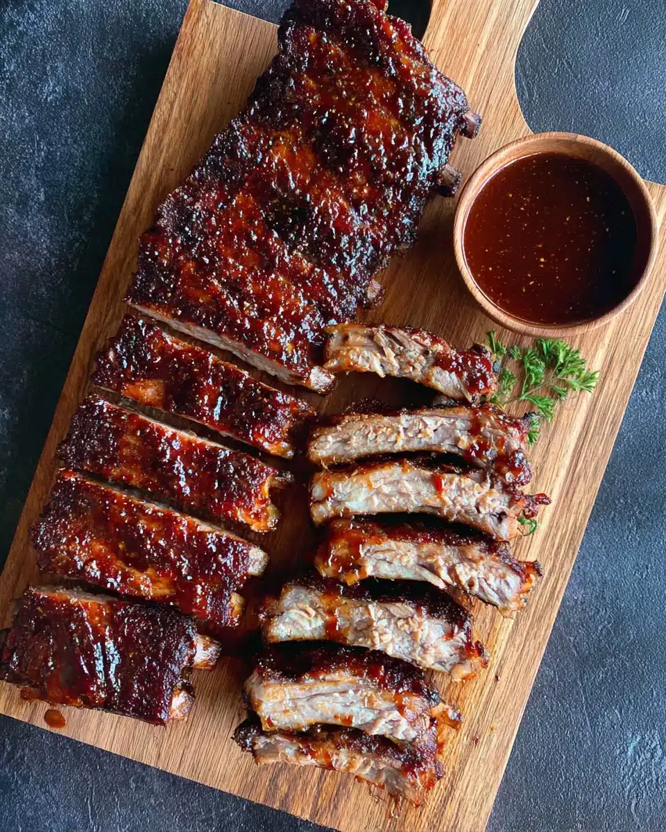 Oven baked ribs with homemade sauce, sliced on a wooden board