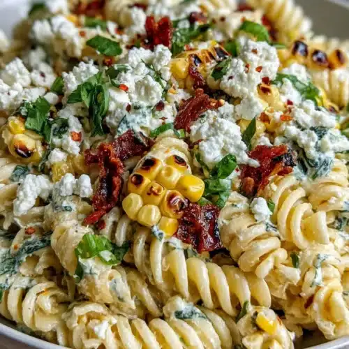 Pasta salad with cotija cheese, charred corn, and fresh cilantro in a white bowl
