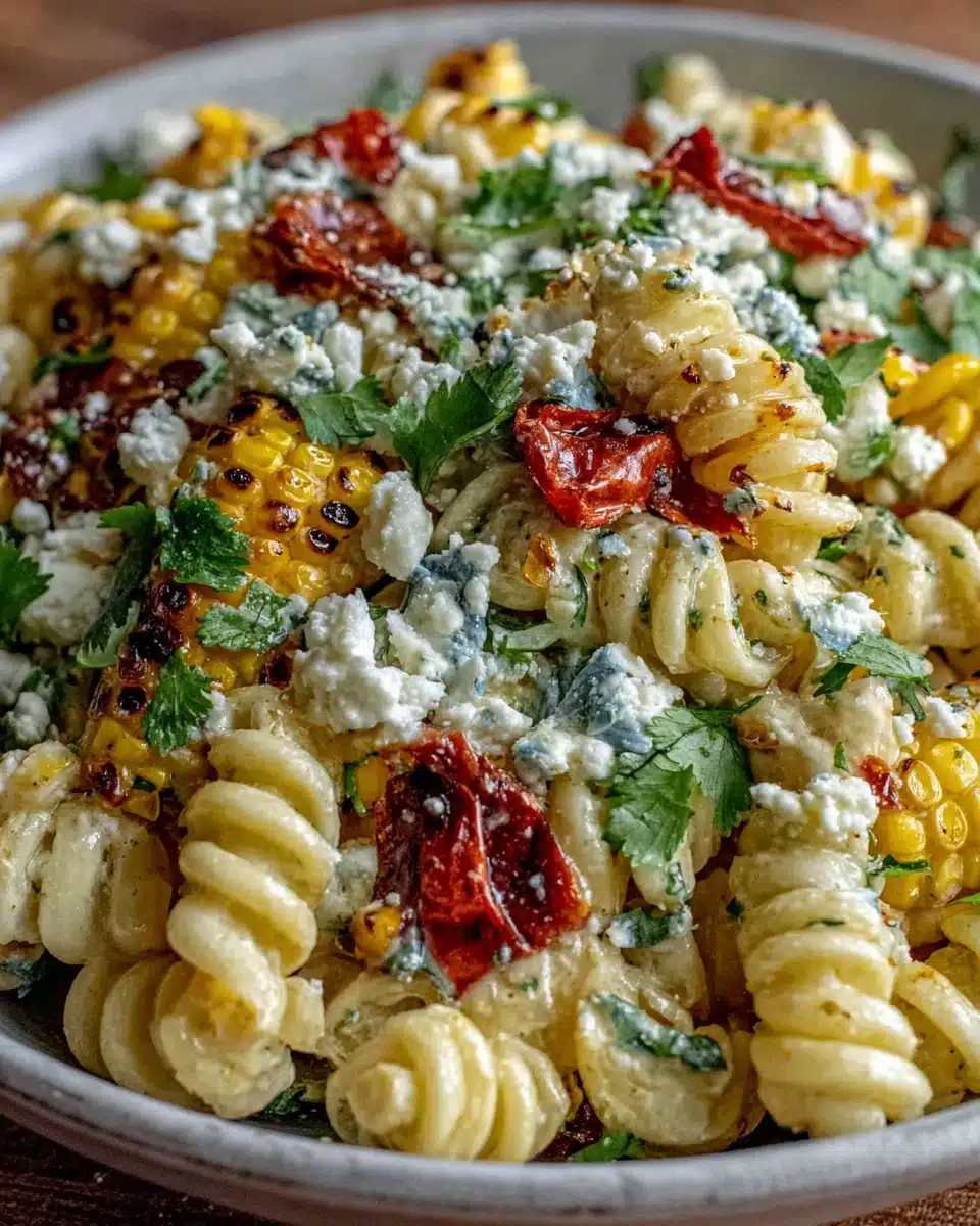 Creamy pasta salad with cotija cheese, charred corn, and fresh cilantro in a white bowl