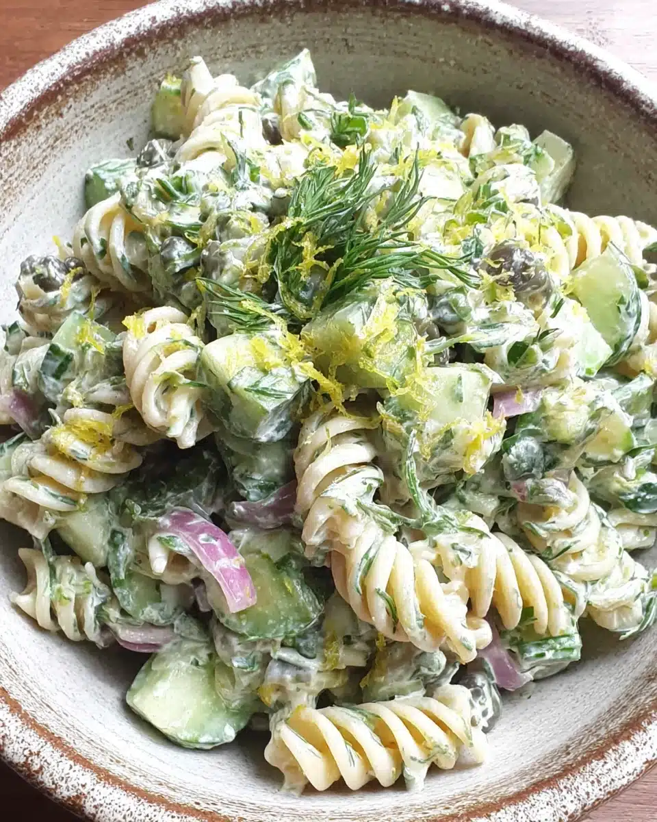 Pasta salad with goat cheese vinaigrette featuring rotini, cucumbers, herbs, and capers