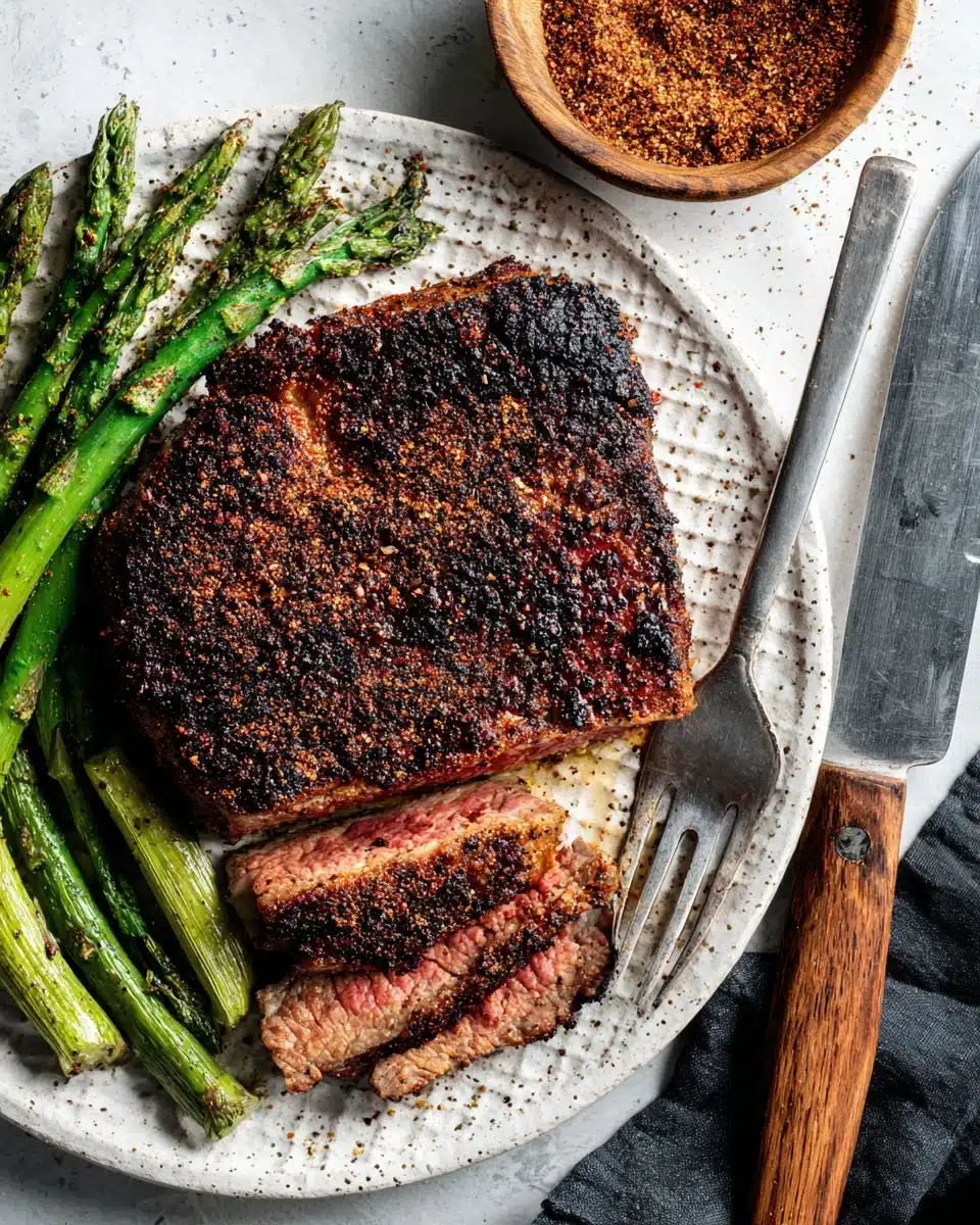 Juicy pellet grill steak with asparagus and dry rub on a plate