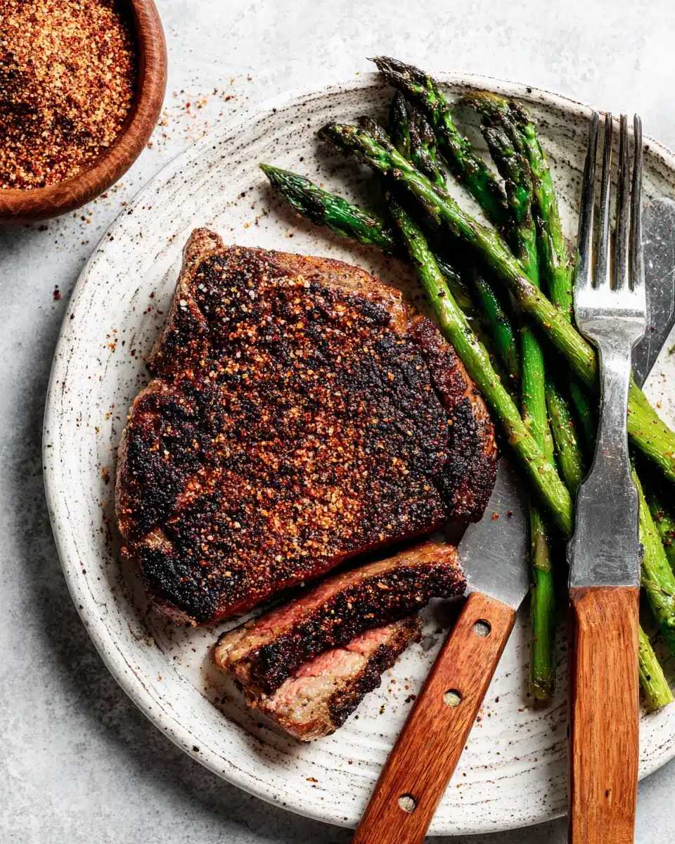 Juicy pellet grill steak with asparagus and dry rub on a plate