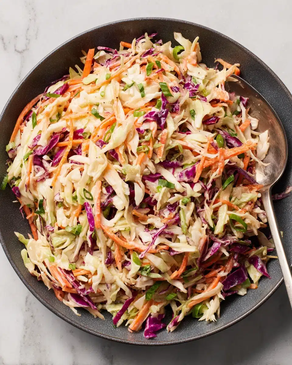 Perfect slaw recipe with colorful cabbage, carrots, and green onions in a bowl