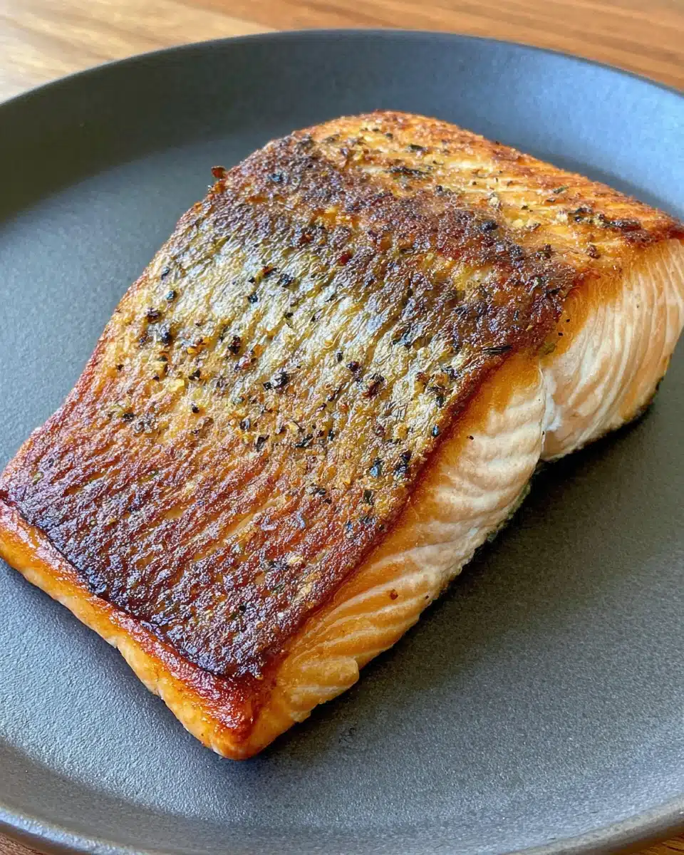 Perfectly pan seared salmon with crispy skin on a gray plate