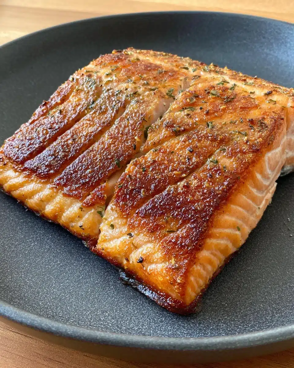 Perfectly pan seared salmon with crispy skin on a gray plate