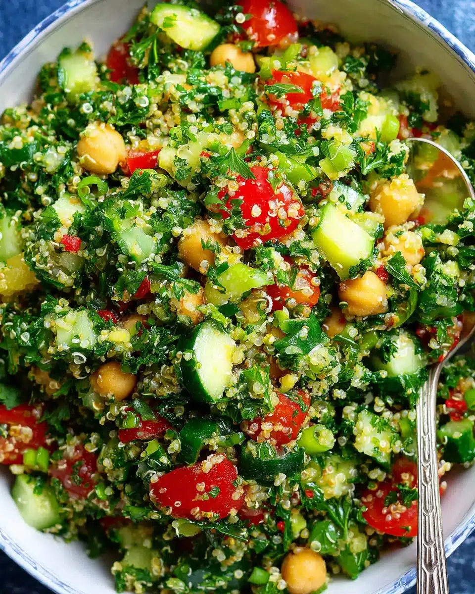 Quinoa chickpea tabbouleh salad in a white bowl with fresh herbs and vegetables