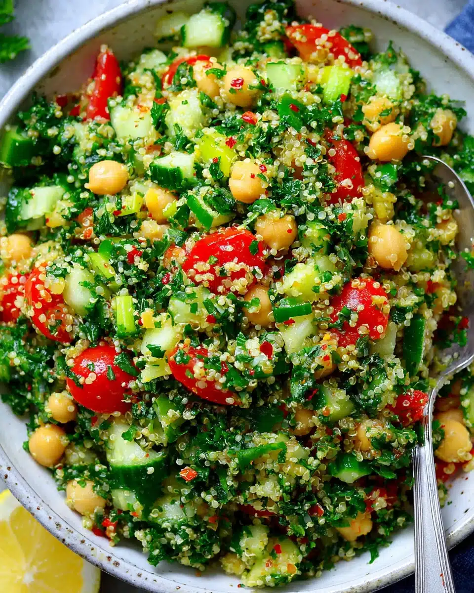 Quinoa chickpea tabbouleh salad with fresh herbs, tomatoes, and cucumbers in a white bowl