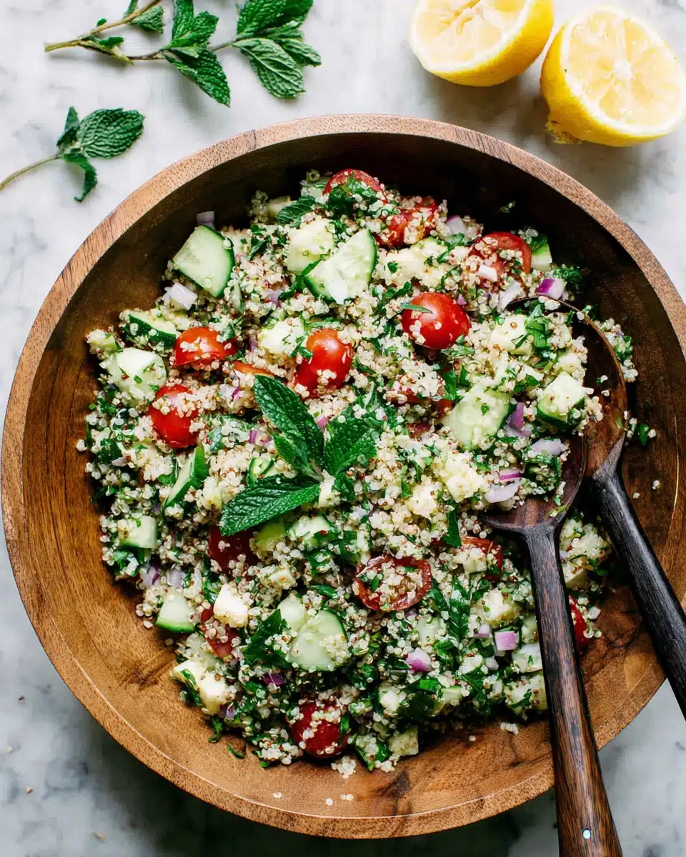 Quinoa tabbouleh salad with fresh herbs, tomatoes, cucumbers, and lemon in a wooden bowl