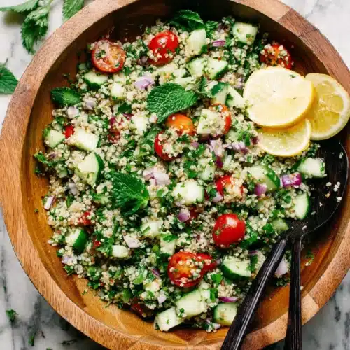 Fresh quinoa tabbouleh salad with herbs, cucumbers, tomatoes, and lemon in a wooden bowl