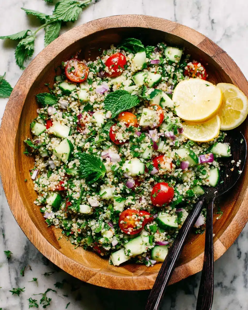 Fresh quinoa tabbouleh salad with herbs, cucumbers, tomatoes, and lemon in a wooden bowl