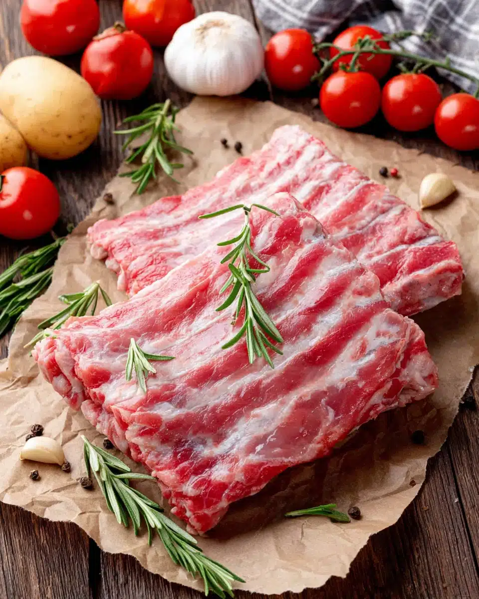 Raw pork ribs with rosemary, garlic, and tomatoes for oven baking at 350f