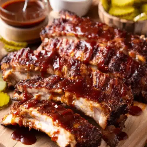 Juicy ribs in the oven at 350f served on a wooden board with barbecue sauce
