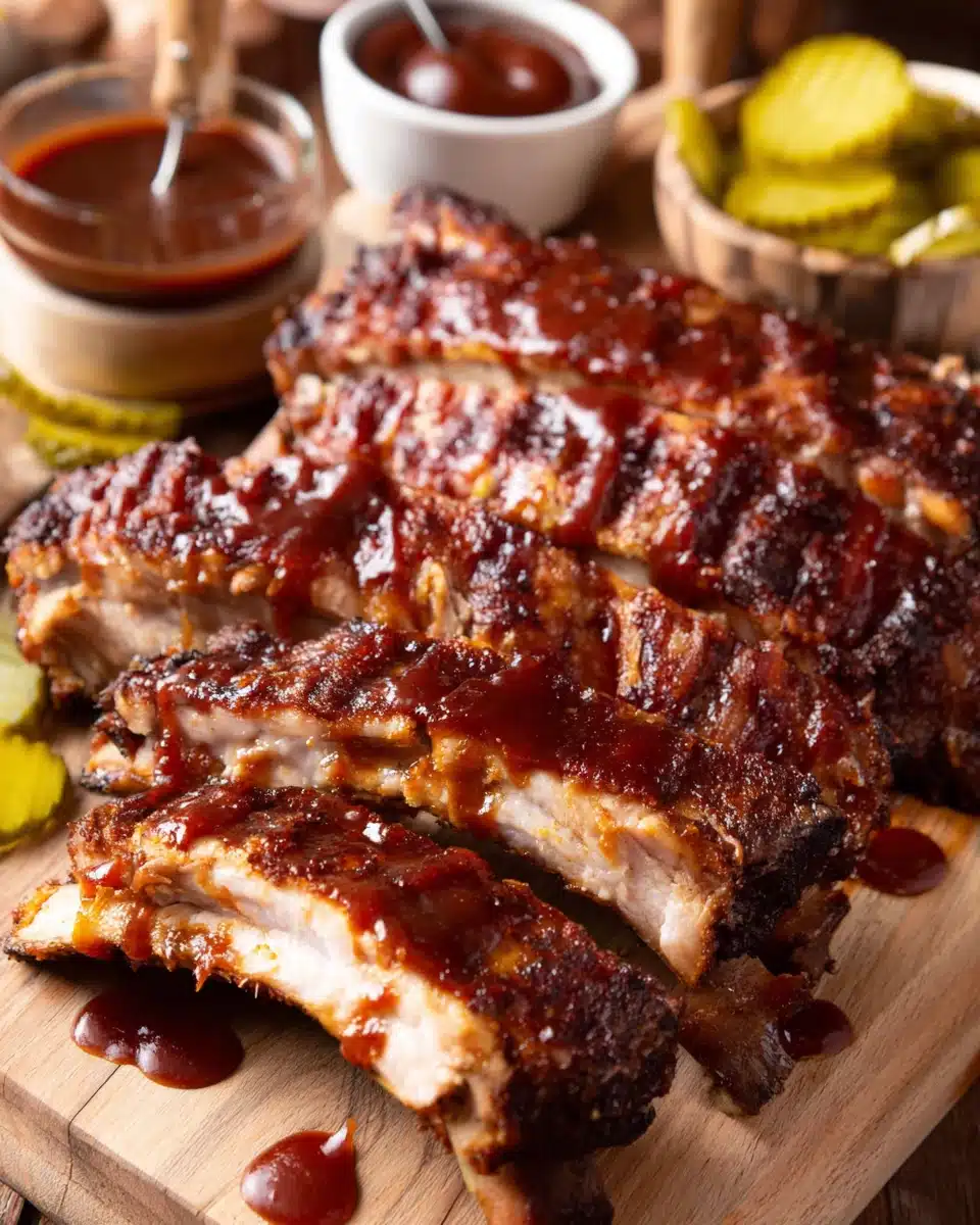 Juicy ribs in the oven at 350f served on a wooden board with barbecue sauce