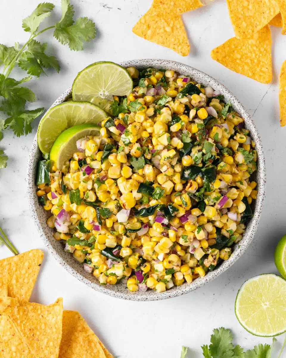 Roasted corn salsa with charred peppers, corn, cilantro, and lime, served with tortilla chips