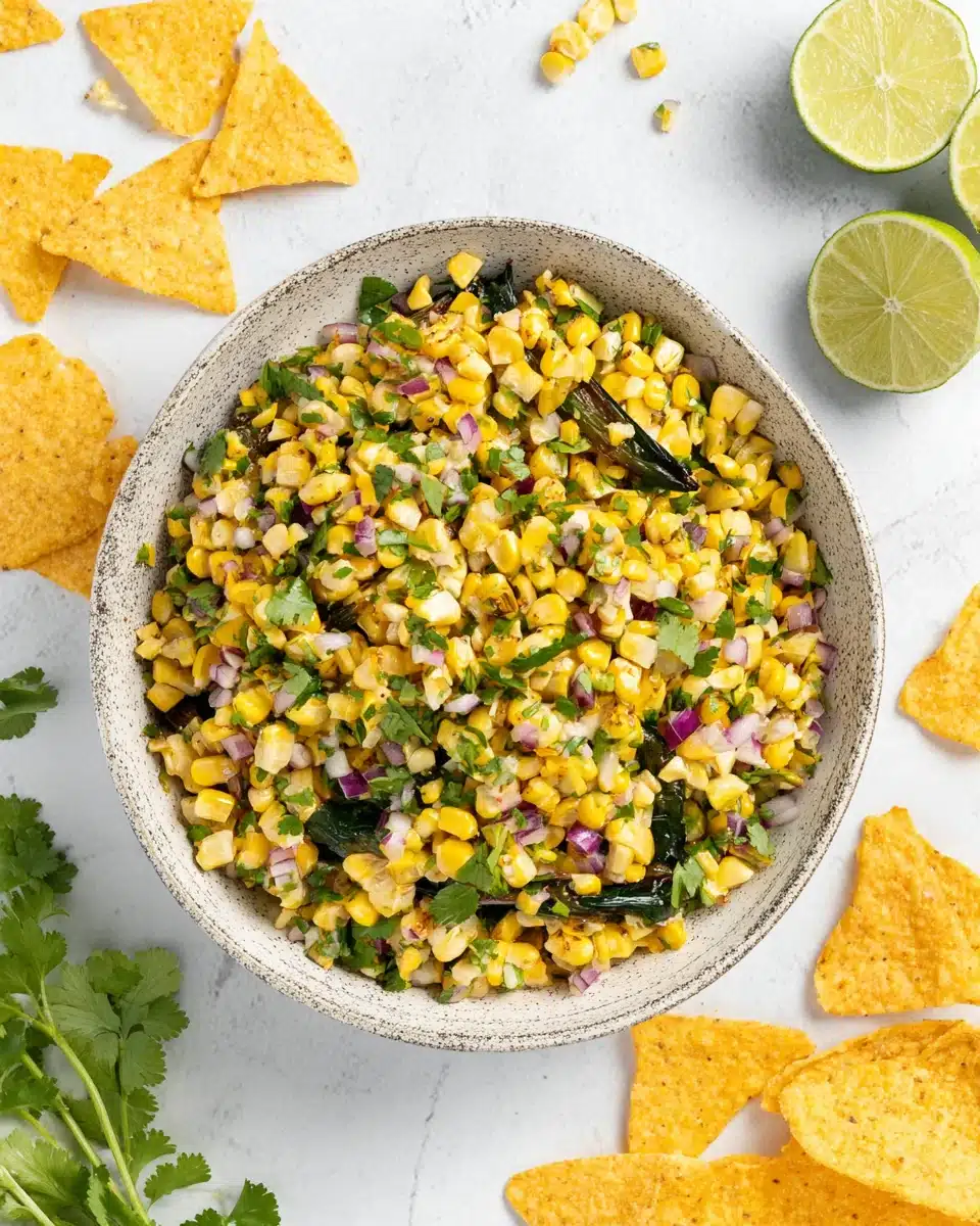 Roasted corn salsa with charred peppers, corn, cilantro, and lime, served with tortilla chips