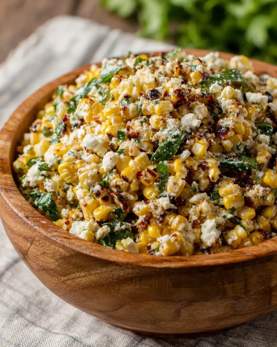 Traeger Grilled Corn Salad with Cotija Cheese Grilled corn salad with cotija cheese and herbs in a wooden bowl