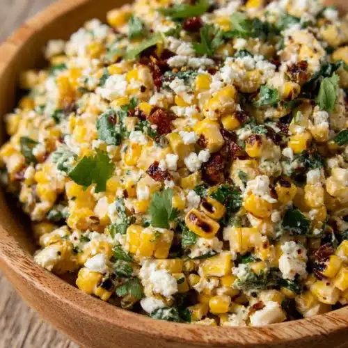 Salad Traeger Grilled: A Creamy Delight for Dinner 1 Grilled corn salad with cotija cheese and herbs in a wooden bowl