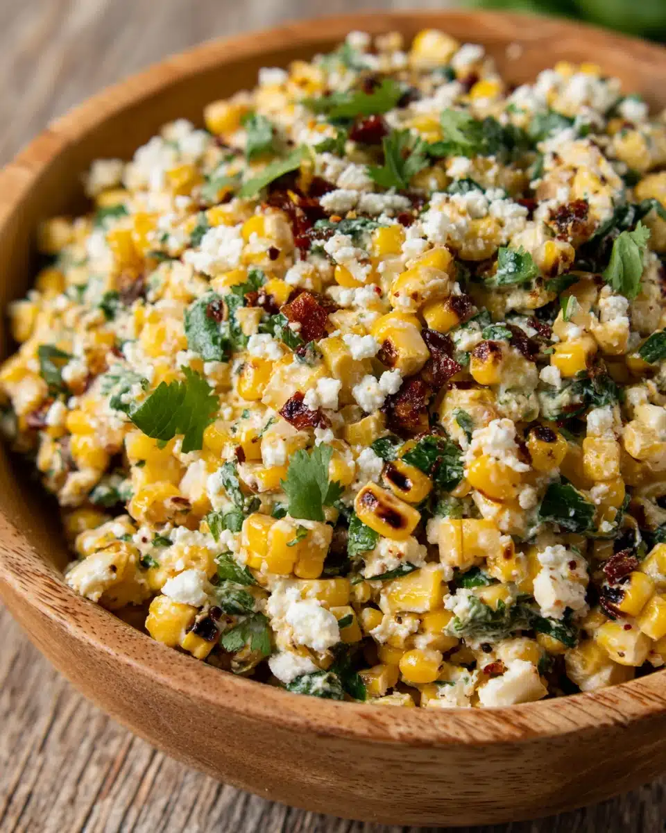 Traeger Grilled Corn Salad with Cotija Cheese Grilled corn salad with cotija cheese and herbs in a wooden bowl