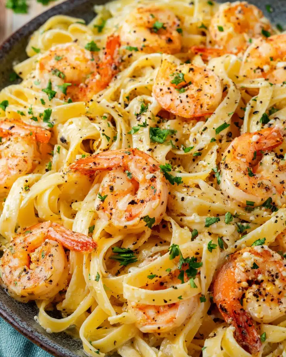 Creamy shrimp pasta with pink shrimp, fettuccine, and fresh parsley garnish