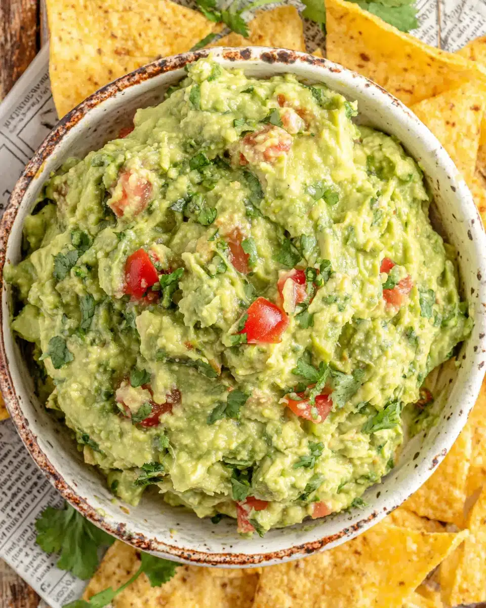 Simple & classic guacamole in a rustic bowl with tomatoes and cilantro