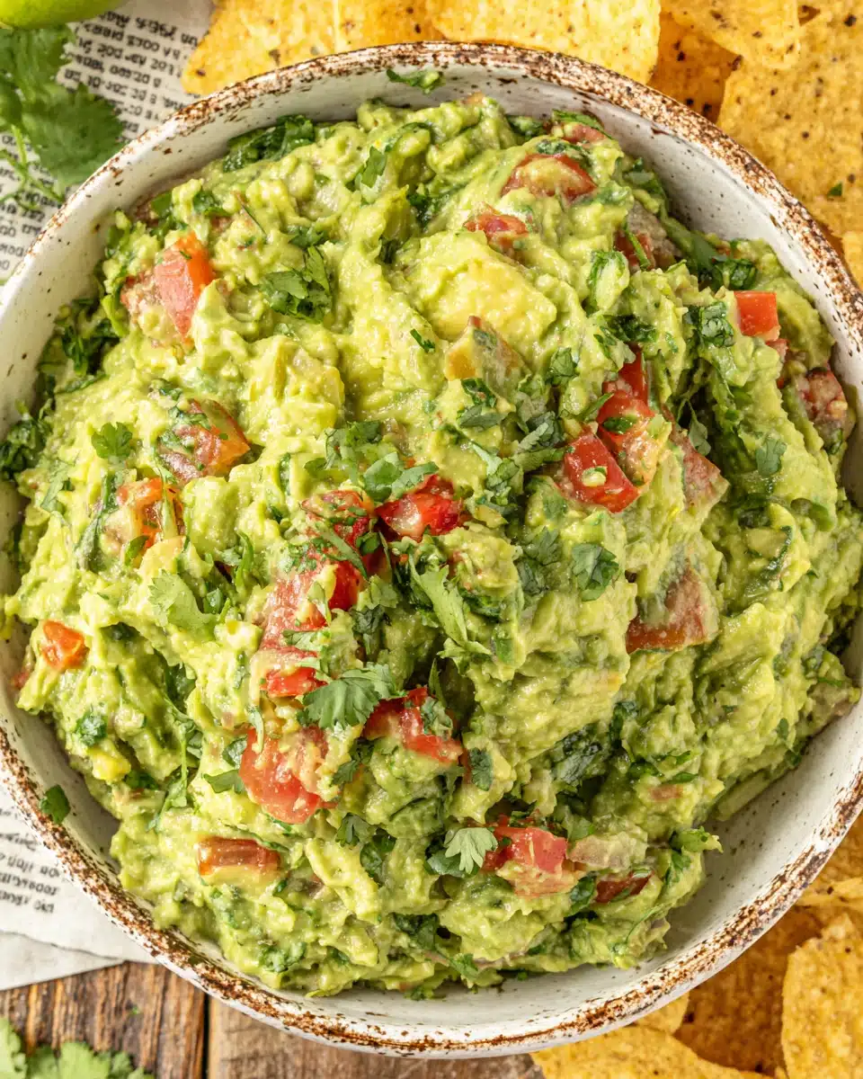 Simple & classic guacamole in a rustic bowl with tomatoes and cilantro