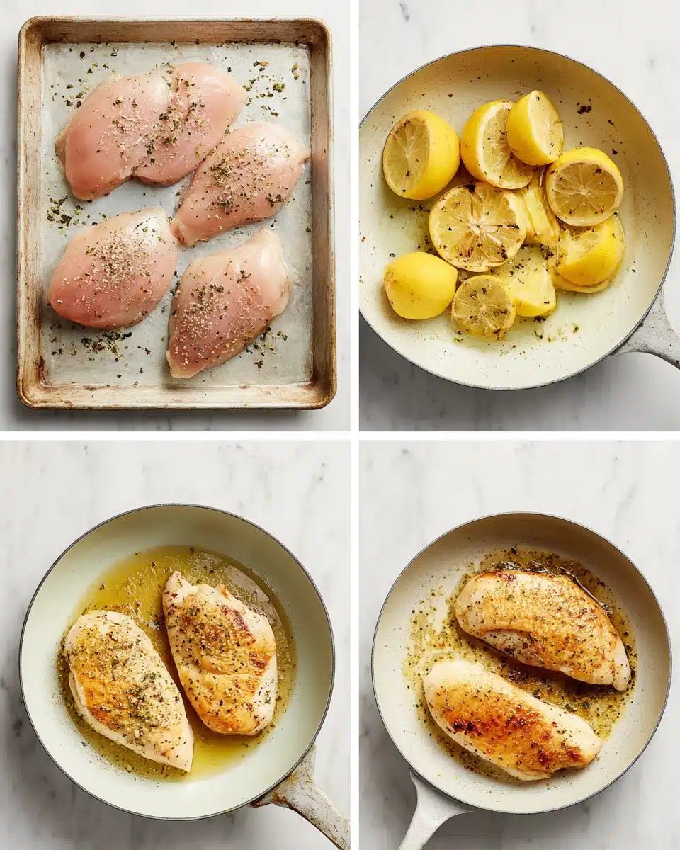 Skillet Lemon Chicken Cooking Steps Skillet lemon chicken preparation steps: raw chicken, roasting lemons, searing, and crispy cooked chicken