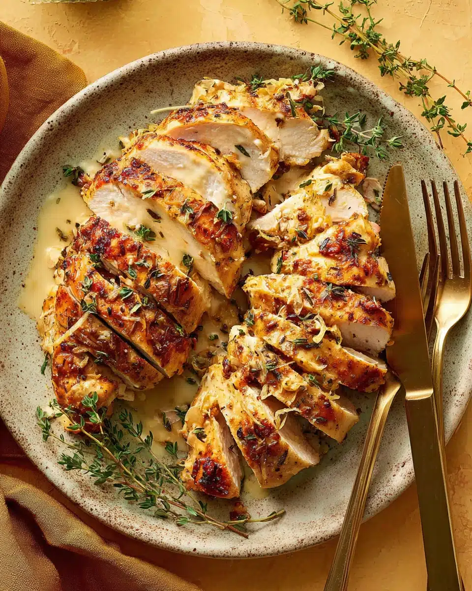 Skillet Lemon Chicken with Creamy Sauce and Thyme Skillet lemon chicken with crispy skin and creamy lemon sauce on a plate