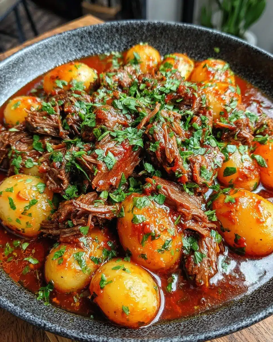 Slow cooker garlic butter beef with potatoes in a dark bowl, garnished with parsley