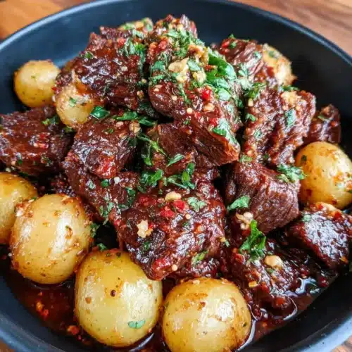 Slow cooker garlic butter beef with potatoes in a black bowl, garnished with parsley